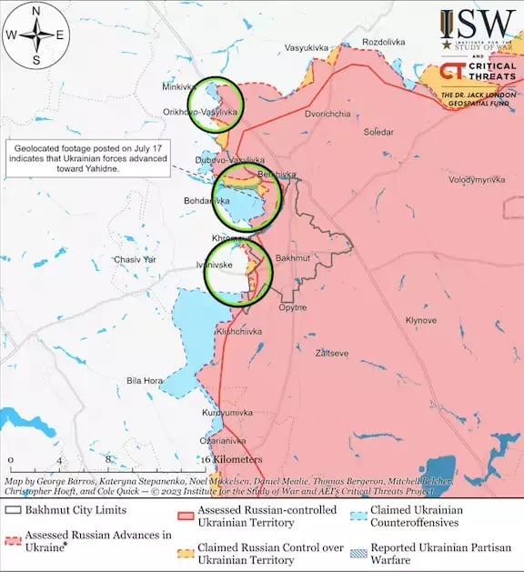 Situation actuelle dans la région de Bakhmut à la date du 18 juillet 2023 à 15h.