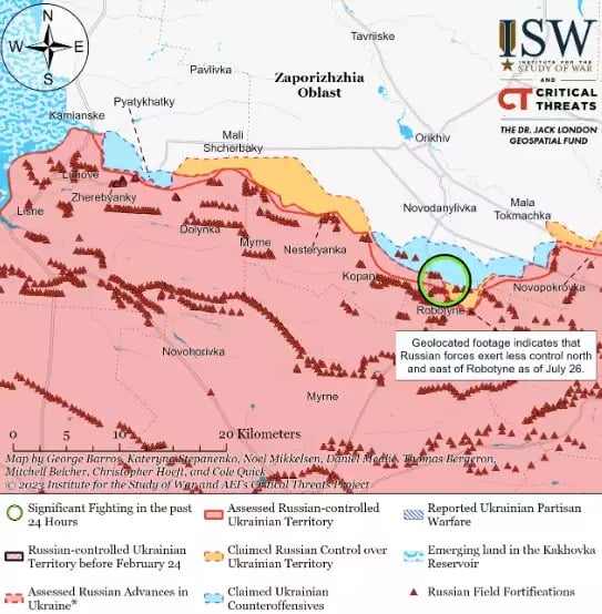Situation actuelle dans la région d'Orikhiv à la date du 26 juillet 2023.