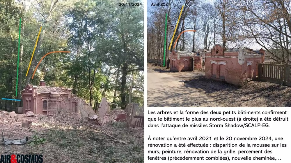 Une grosse partie de l'entrée a également été détruite par un missile SCALP-EG/Storm Shadow mais des différences sont visibles entre 2021 et 2024.